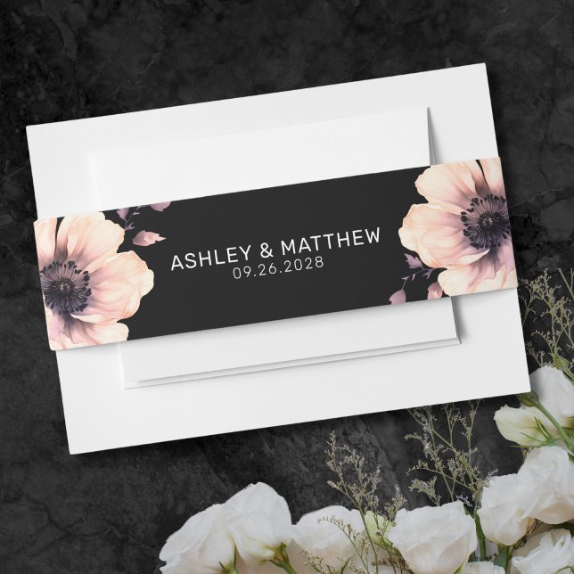 Modern Elegant Black Pink Floral Wedding Invitation Belly Band (Modern Elegant Black Pink Floral Wedding Invitation Belly Band)