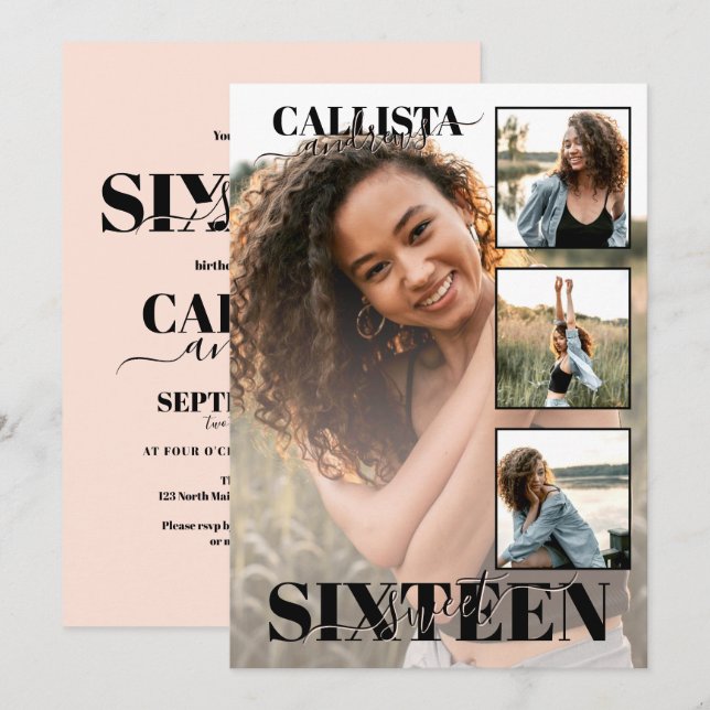 Modern Elegant Black Pink Four Photo Sweet 16 Invitation (Front/Back)