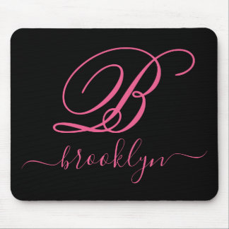Modern Elegant Black Pink Handwritten Monogrammed Mouse Mat