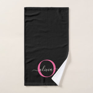 Modern Elegant Black Pink Monogram Script Name Bath Towel Set