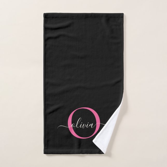Modern Elegant Black Pink Monogram Script Name Bath Towel Set (Hand Towel)