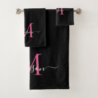 Modern Elegant Black Pink Monogram Script Name