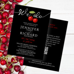 Modern Elegant Black Red Chery QR Code Calligraphy Invitation