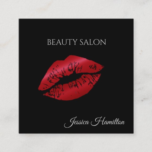 Modern elegant  black red lips square business card (Front)