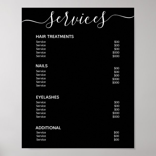 Modern Elegant Black Salon Price List Service Menu Poster (Front)