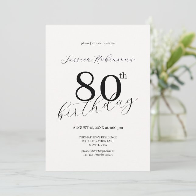 Modern Elegant Black Script Eightieth Birthday  Invitation (Standing Front)
