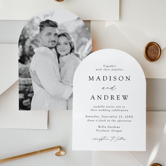 Modern Elegant Black Script Photo Arch Wedding Invitation (Creator Uploaded)