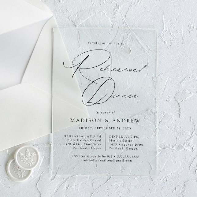 Modern Elegant Black Script Rehearsal Dinner Acrylic Invitations (Creator Uploaded)
