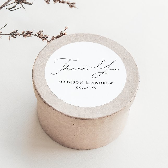 Modern Elegant Black Script Wedding Thank You Classic Round Sticker (Creator Uploaded)