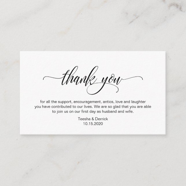 Modern Elegant, Black Script, Wedding Thank you Enclosure Card (Front)
