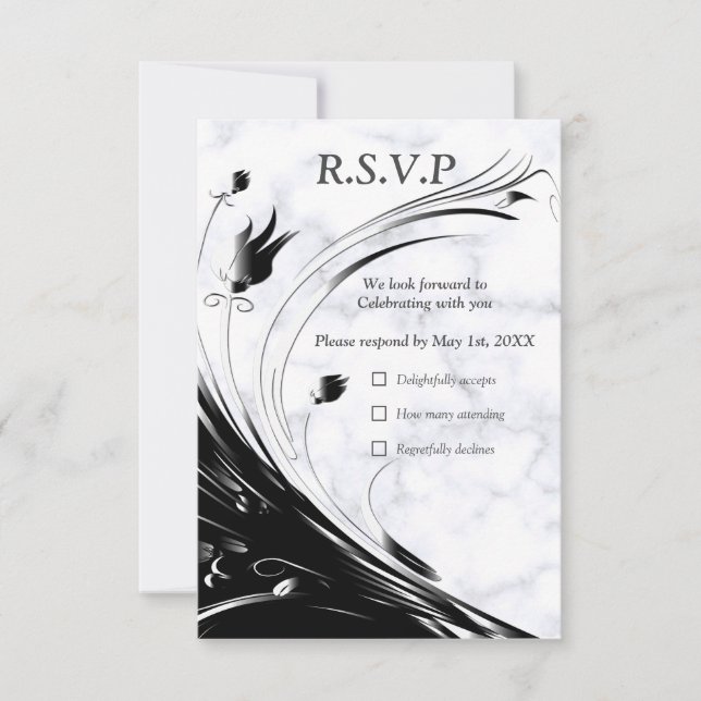 Modern Elegant Black Silhouette on White Marble RSVP Card (Front)