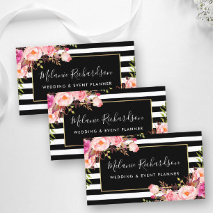 Modern Elegant Black Striped Pink Floral Business Card