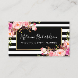 Modern Elegant Black Striped Pink Floral Business Card