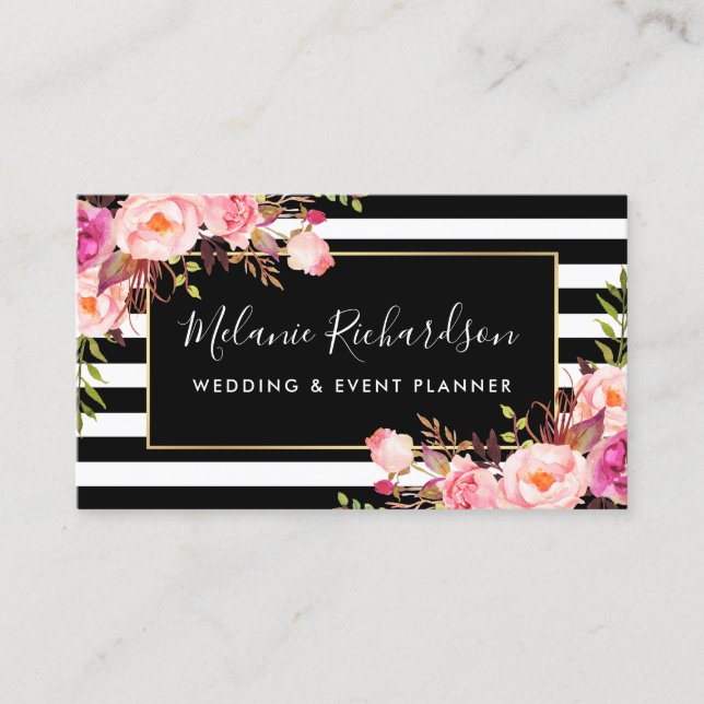 Modern Elegant Black Striped Pink Floral Business Card (Front)