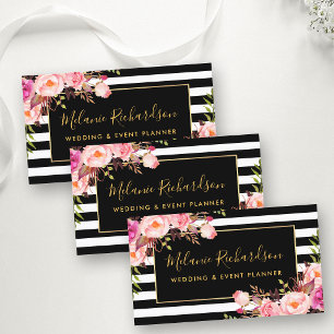 Modern Elegant Black Striped Pink Floral Gold Business Card