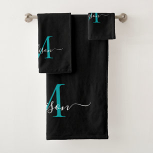Modern Elegant Black Teal Monogram Script Name Bath Towel Set