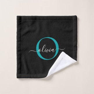 Modern Elegant Black Teal Monogram Script Name Bath Towel Set