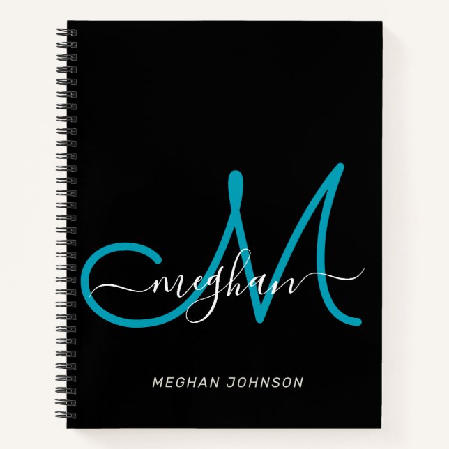 Modern Elegant Black Teal Script Monogram Notebook (Front)