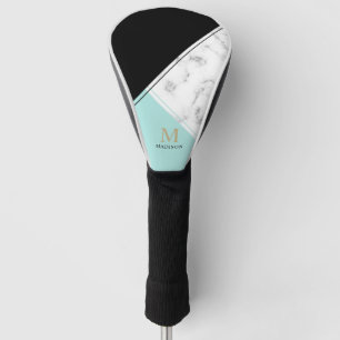 Modern elegant black turquoise marble monogram golf head cover