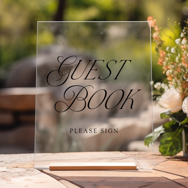 Modern Elegant Black Typography Wedding Guest Book Acrylic Sign (Please note: The wooden stand does not come with the sign. Zazzle sells a wood block stand.)
