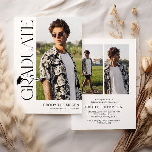 Modern Elegant Black & White 3 Photo Graduation Invitation