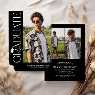 Modern Elegant Black & White 3 Photo Graduation Invitation
