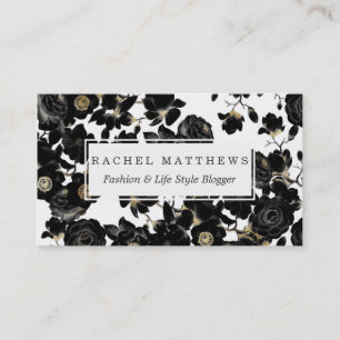 Modern Elegant Black White and Gold Floral Pattern Business Card