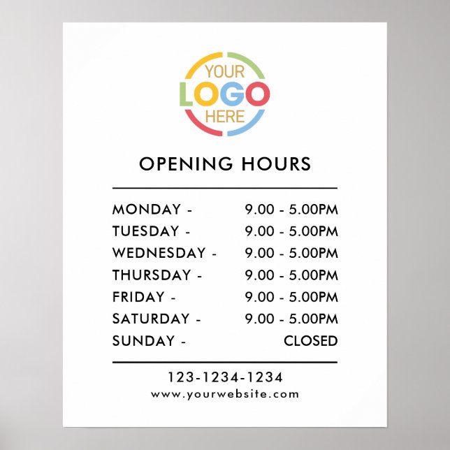 Modern Elegant Black White Business Opening Hours Poster (Front)