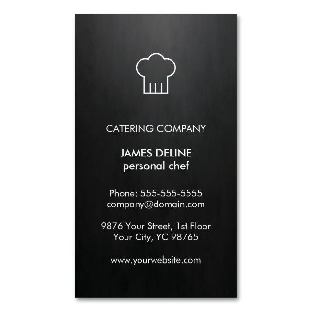 Modern Elegant Black White Catering Chef Magnetic Business Card (Front Vertical)