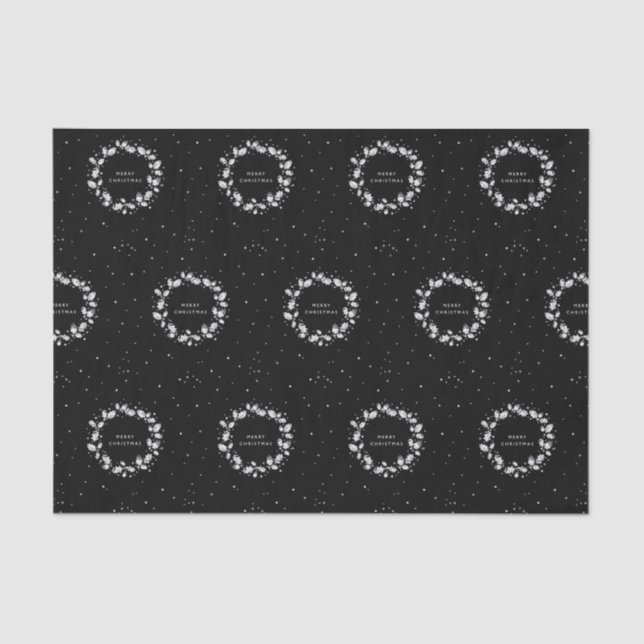 Modern Elegant Black+White Christmas Holly Wreath Tissue Paper (Front)