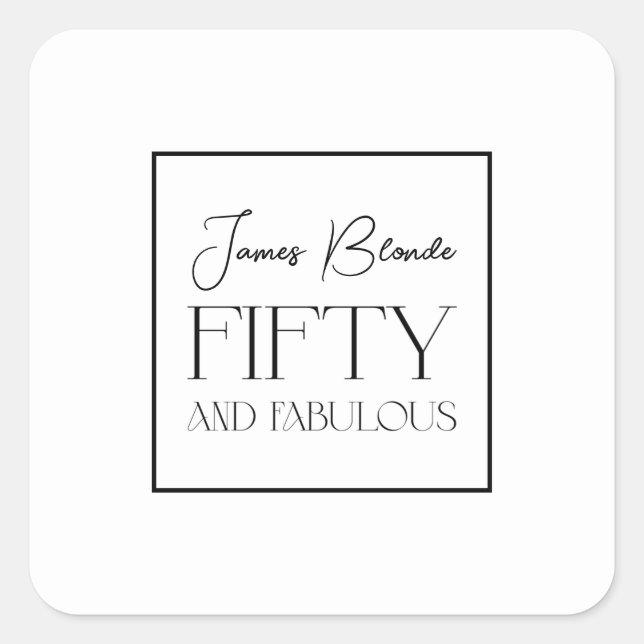 Modern Elegant Black & White Fiftieth Birthday Square Sticker (Front)