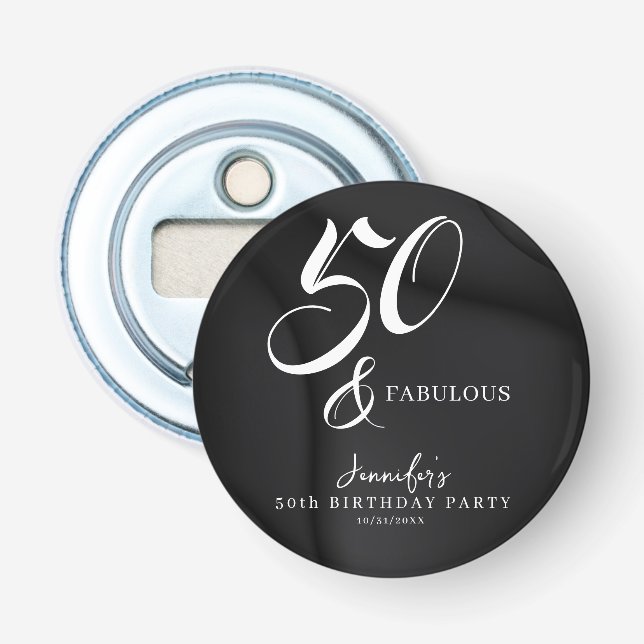 Modern Elegant Black White Fifty Fabulous Birthday Bottle Opener (Front)