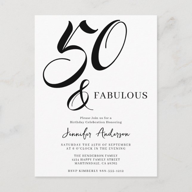 Modern Elegant Black White Fifty Fabulous Birthday Invitation Postcard (Front)