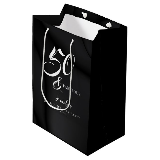 Modern Elegant Black White Fifty Fabulous Birthday Medium Gift Bag (Front Angled)