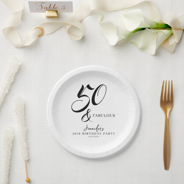 Modern Elegant Black White Fifty Fabulous Birthday Paper Plate (Wedding)