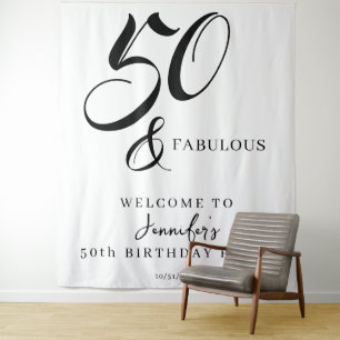 Modern Elegant Black White Fifty Fabulous Birthday Tapestry
