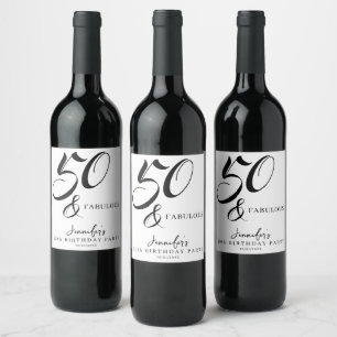 Modern Elegant Black White Fifty Fabulous Birthday Wine Label