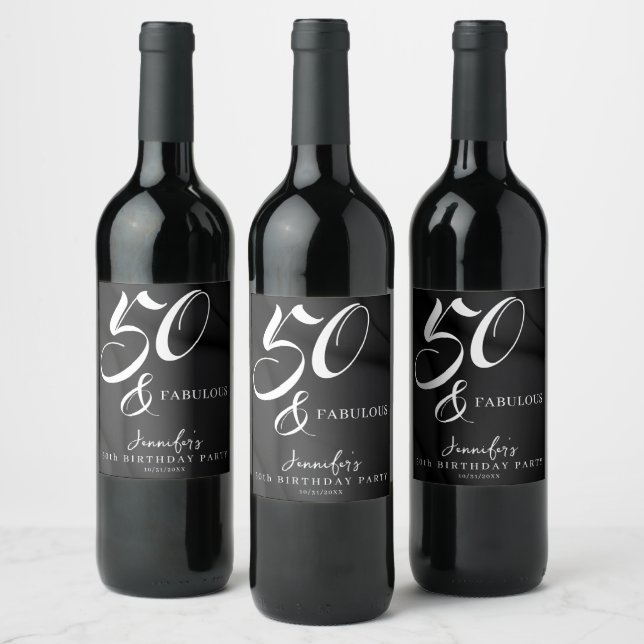 Modern Elegant Black White Fifty Fabulous Birthday Wine Label (Bottles)