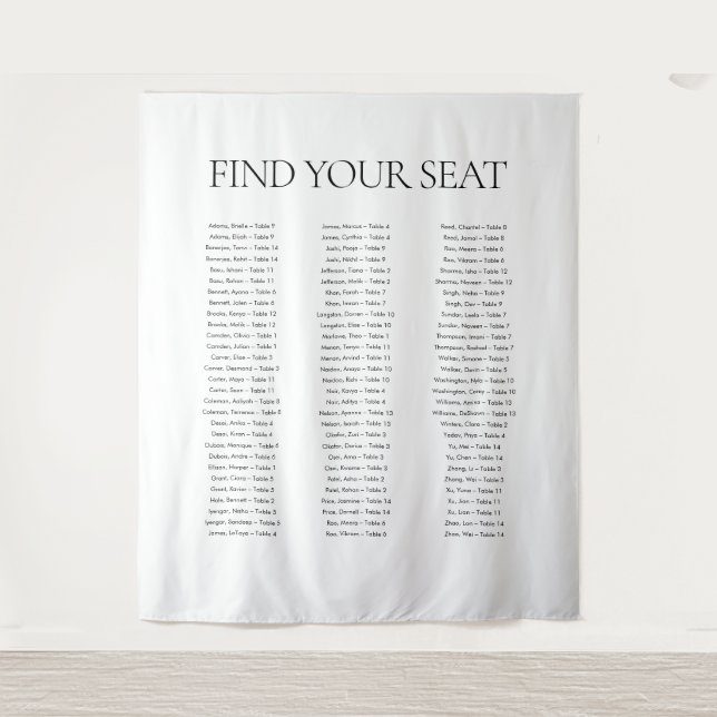 Modern Elegant Black White Find Your Seat Wedding Tapestry (Front)