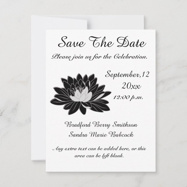 Modern Elegant, Black White Floral Waterlily Save The Date (Front)