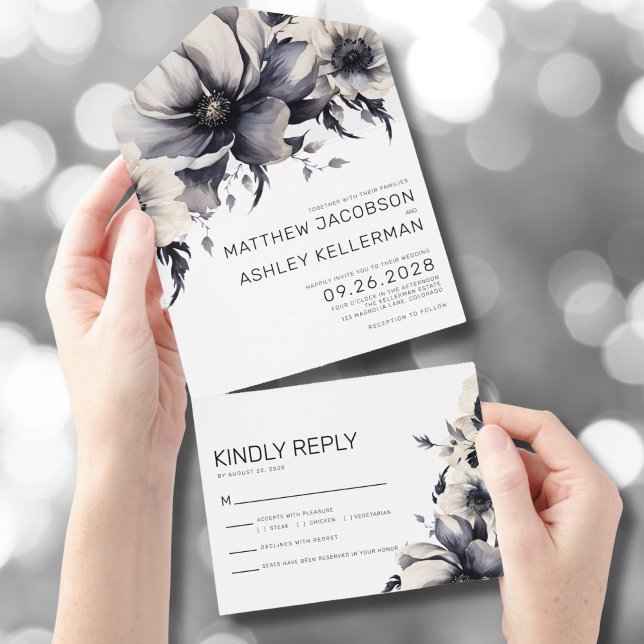 Modern Elegant Black White Floral Wedding All In One Invitation (Modern Elegant Trendy Floral Black White Wedding All in One Invitation )