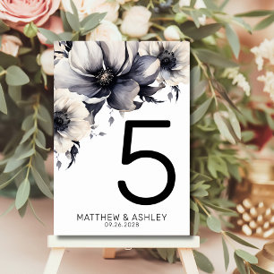 Modern Elegant Black White Floral Wedding Table Number