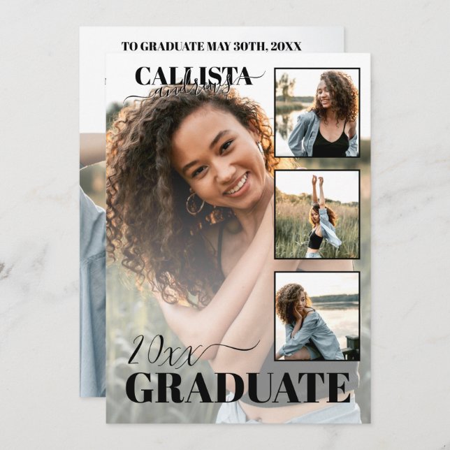 Modern Elegant Black White Four Photo Graduation Announcement (Front/Back)