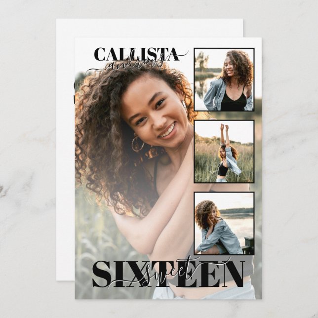 Modern Elegant Black White Four Photo Sweet 16 Invitation (Front/Back)