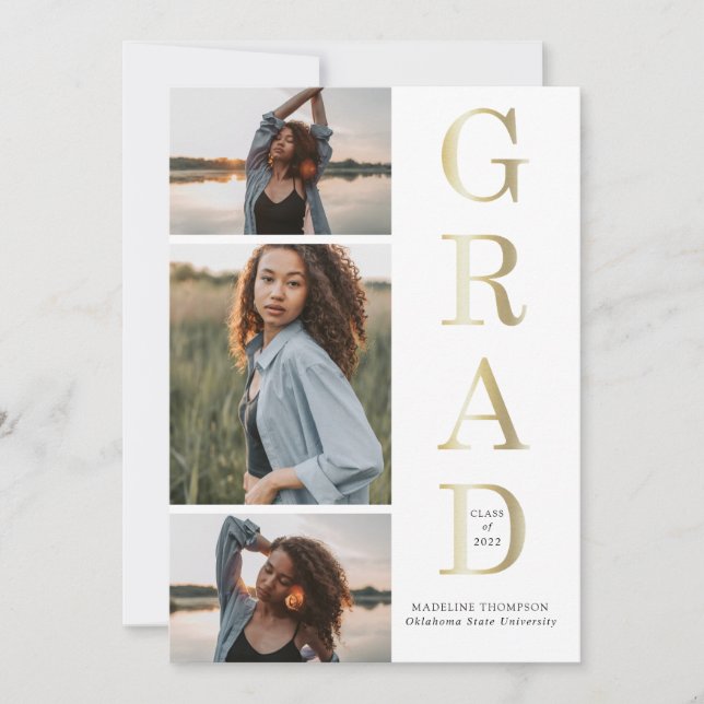 Modern Elegant Black White Gold 3 Photo Graduation Invitation (Front)