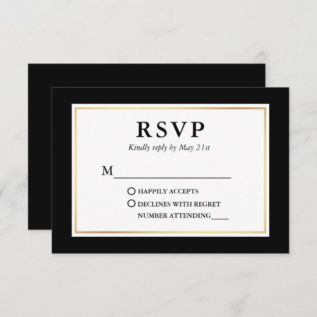 Modern Elegant Black White Gold Frame RSVP Card (Front/Back)