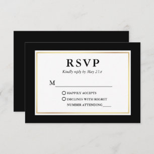 Modern Elegant Black White Gold Frame RSVP Card