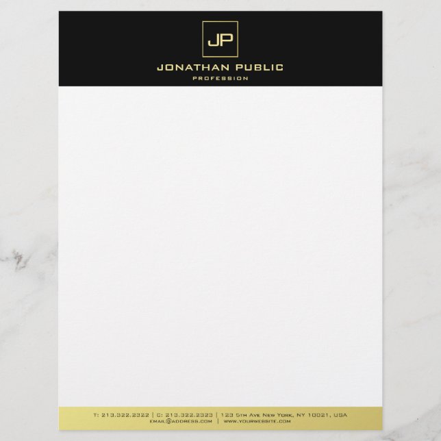 Modern Elegant Black White Gold Monogram Template Custom Letterhead (Front)
