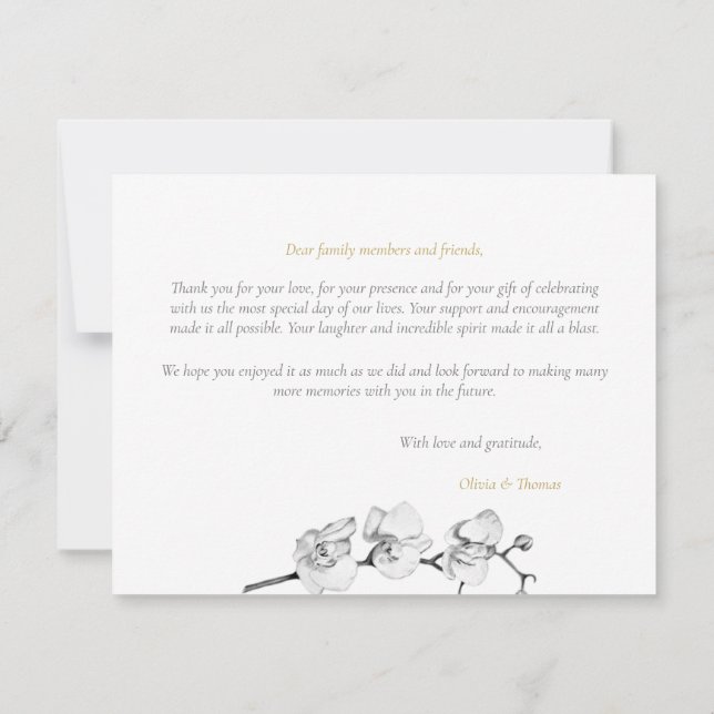 Modern Elegant Black White Gold Orchids Wedding Thank You Card (Back)