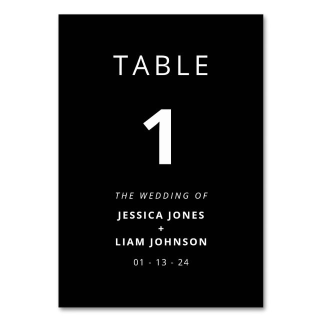 Modern Elegant Black & White Minimalist Wedding Table Number (Front)
